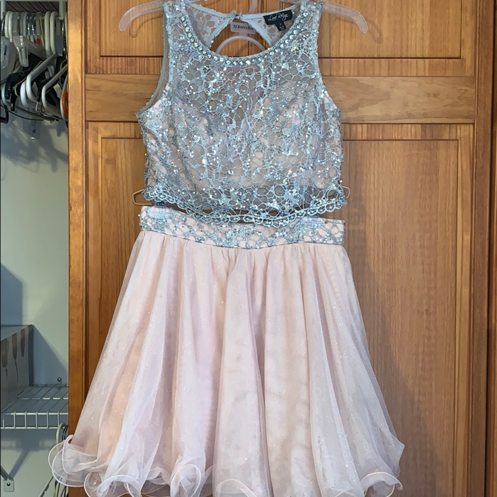 Pink and Silver Two Piece Puffy Prom Dress